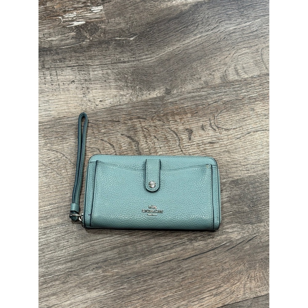 Coach Pebbled Leather Zip Around Phone Wallet Wristlet Blue Green Silver Logo